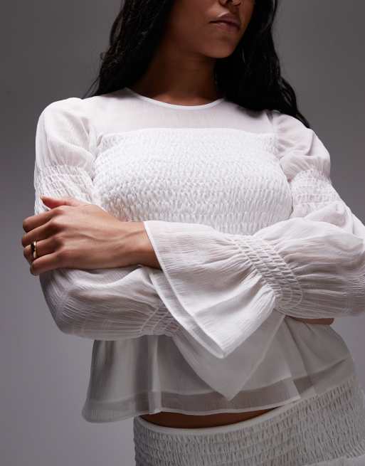 AllSaints Pamela mesh long sleeve ruffle top in snow white - WHITE, 3 of 4