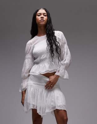 AllSaints Pamela mesh long sleeve ruffle top in snow white