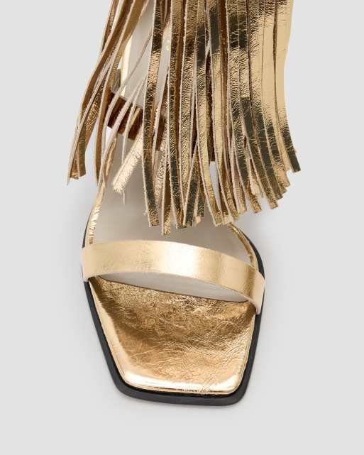 AllSaints Paola Met leather fringe heeled sandals in gold, 3 of 4