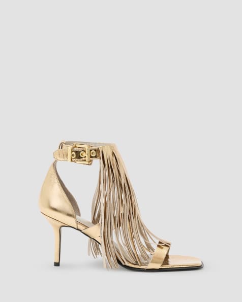 AllSaints Paola metallic, leather fringe, heeled sandal in gold - view 1