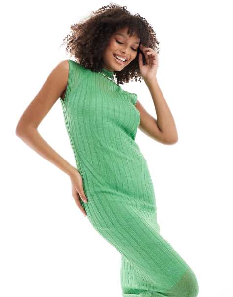 AllSaints Patrice fine metallic knit midi dress in green - view 1