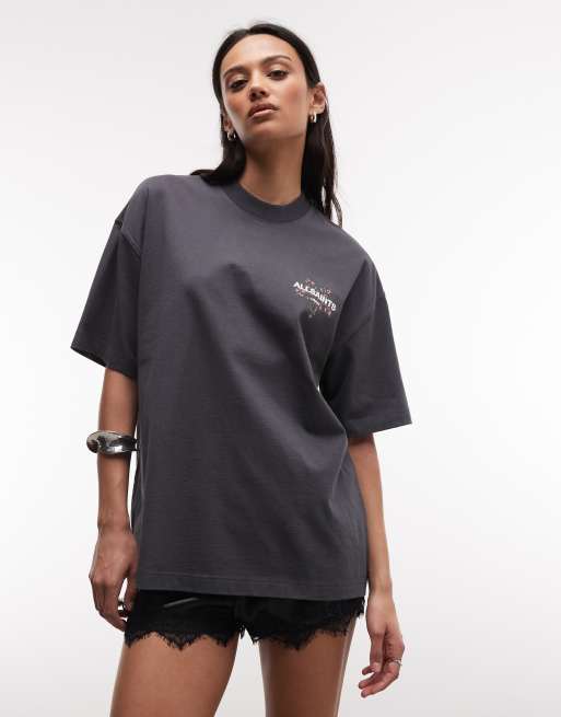 AllSaints Pentacle Etta short sleeve graphic logo t-shirt with back print in washed black, 2 of 4
