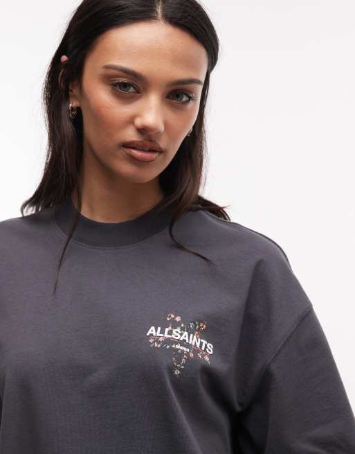 AllSaints Pentacle Etta short sleeve graphic logo t-shirt with back print in washed black, 4 of 4