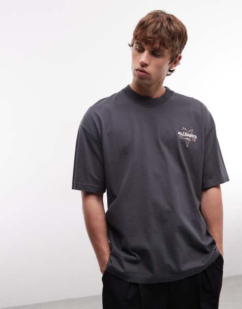 AllSaints Pentacle short sleeve embroidered graphic logo t-shirt with back print in washed black