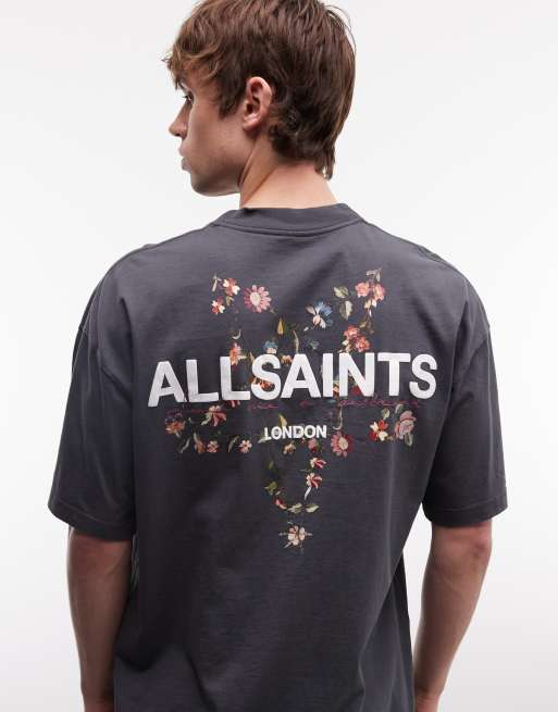 AllSaints Pentacle short sleeve embroidered graphic logo t-shirt with back print in washed black, 5 of 5