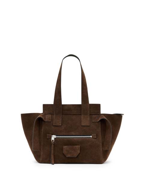 AllSaints – Perez – Schultertasche aus Wildleder in Fango-Braun - view 1