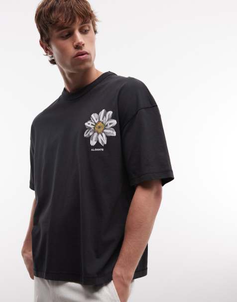 AllSaints Petals short sleeve graphic logo t-shirt with back print in washed black - view 1