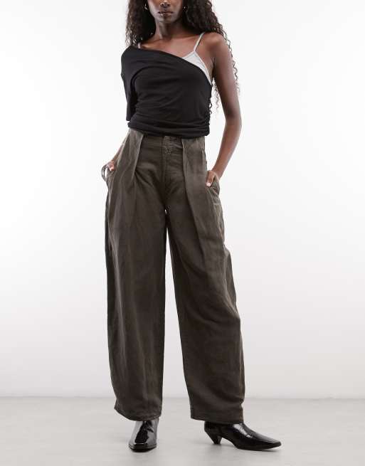 AllSaints Phi linen blend pleated trousers in brown, 2 of 5