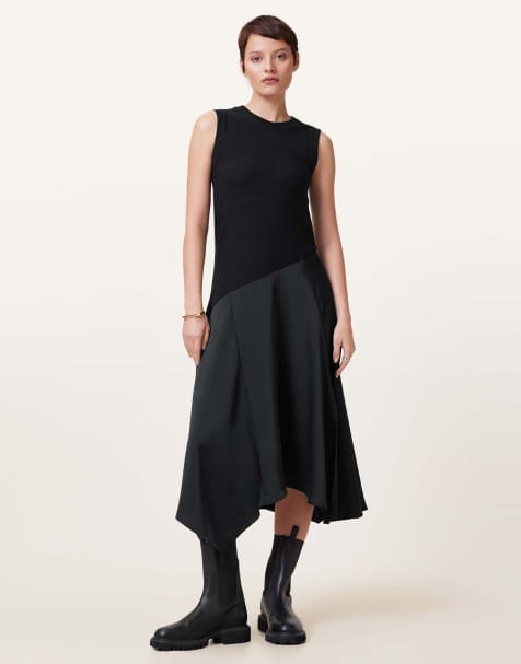 AllSaints Pia drop hem satin maxi dress in black - view 1