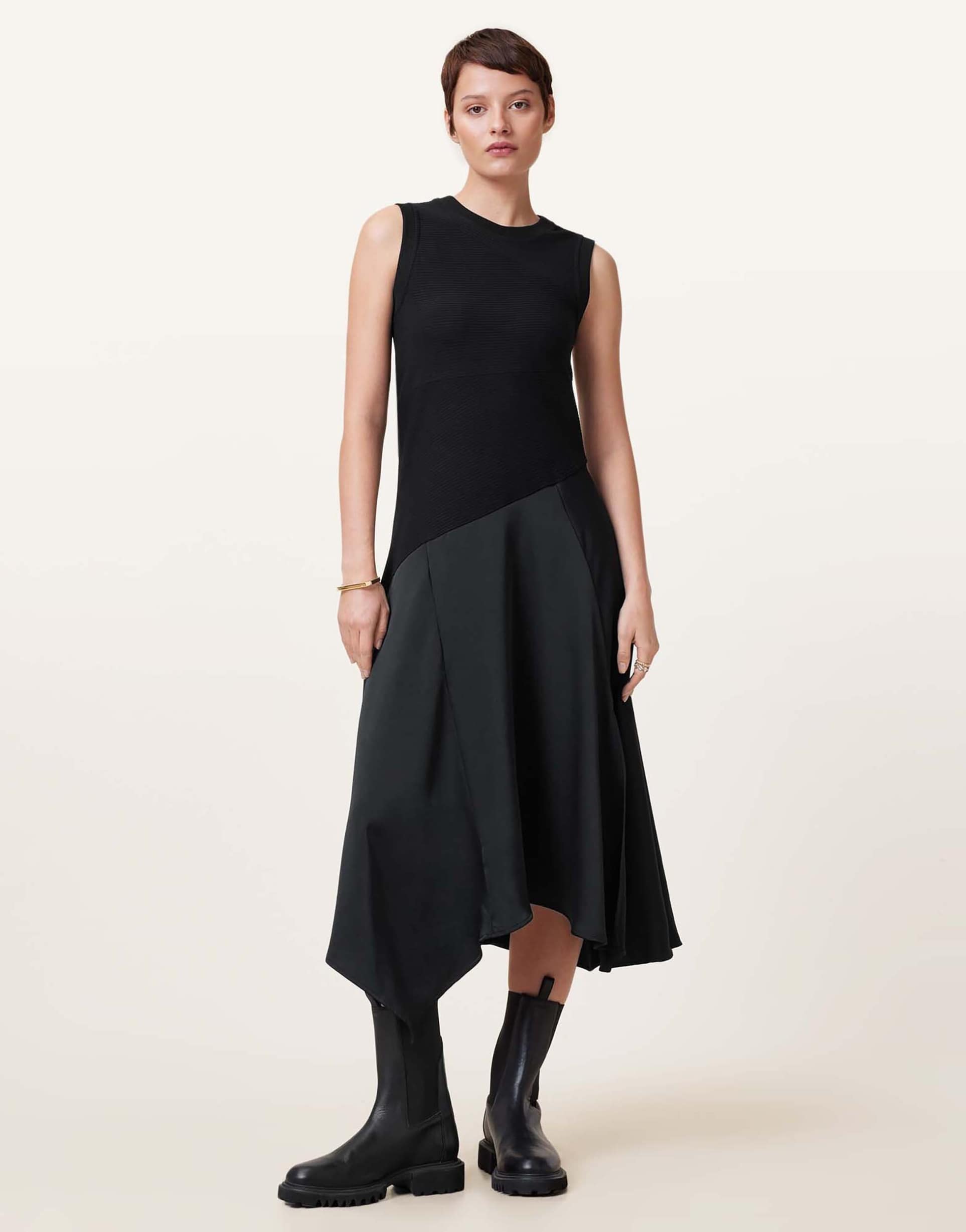 allsaints pia drop hem satin maxi dress in black