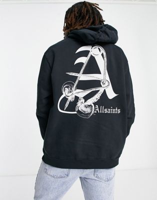 AllSaints Pinup hoodie in washed black with back print
