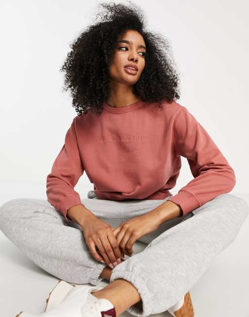 AllSaints Pippa embroidered logo sweatshirt in washed rose | ASOS