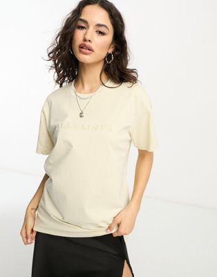 AllSaints Pippa boyfriend t-shirt with embroidered logo in ecru - ASOS Price Checker