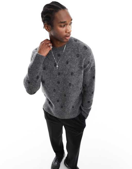 AllSaints Polk crew neck print knit sweater in dark gray