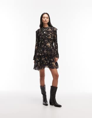 AllSaints - Portia - Langärmliges, geblümtes Minikleid in Schwarz mit Rüschen