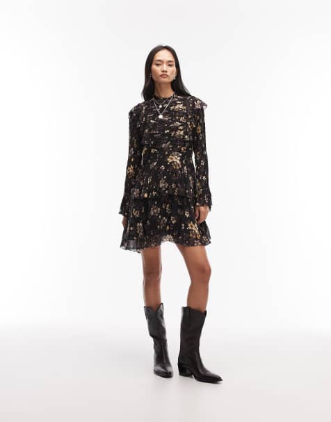 AllSaints – Portia – Langärmliges, geblümtes Minikleid in Schwarz mit Rüschen - view 1