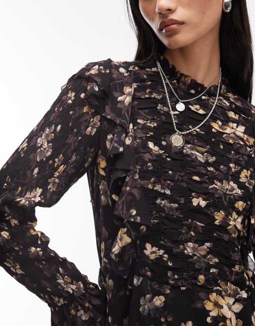 AllSaints – Portia – Langärmliges, geblümtes Minikleid in Schwarz mit Rüschen, 4 von 4