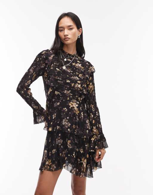 AllSaints - Portia - Sort blomstret minikjole med lange ærmer og flæser, 2 af 4