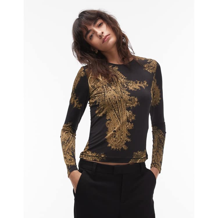 (取寄) オールセインツ レディース カトリン トップ AllSaints women Katlyn Top Pardus Honey Brown Allsaints printed katlyn long sleeve top in black and gold | ASOS