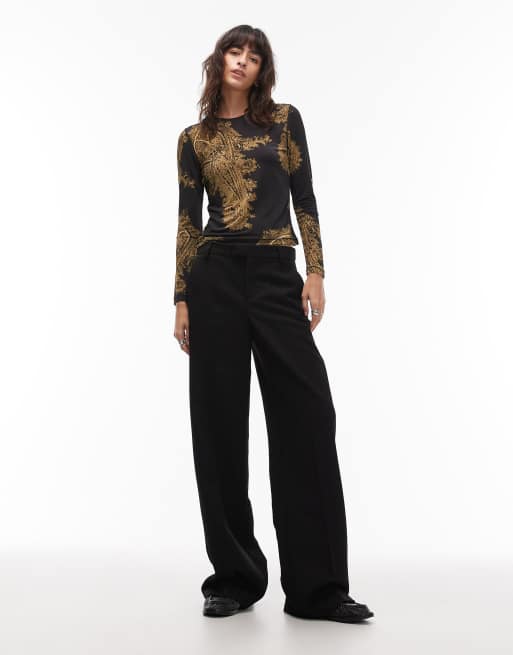 Allsaints printed katlyn long sleeve top in black and gold | ASOS