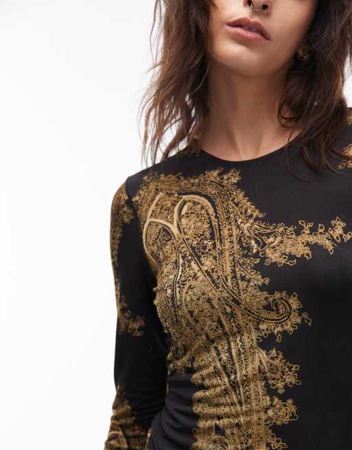 Allsaints printed katlyn long sleeve top in black and gold | ASOS