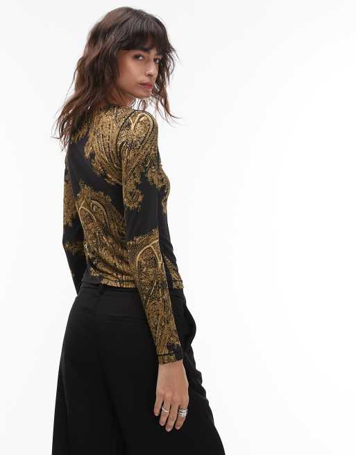 Allsaints printed katlyn long sleeve top in black and gold | ASOS