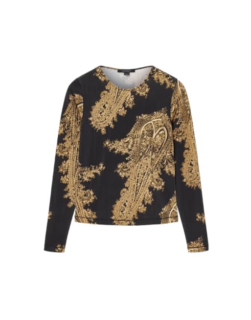 Allsaints printed katlyn long sleeve top in black and gold, 4 of 4