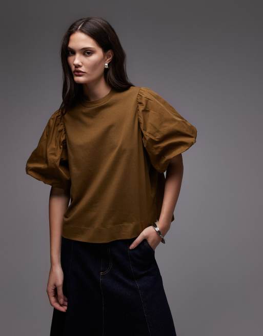 Allsaints puff sleeves t-shirt in brown - KHAKI