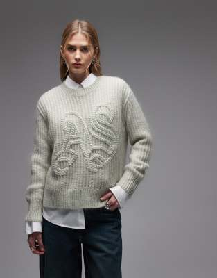 AllSaints - Pullover in blassem Lorbeergrün mit AS-Kettenstickerei