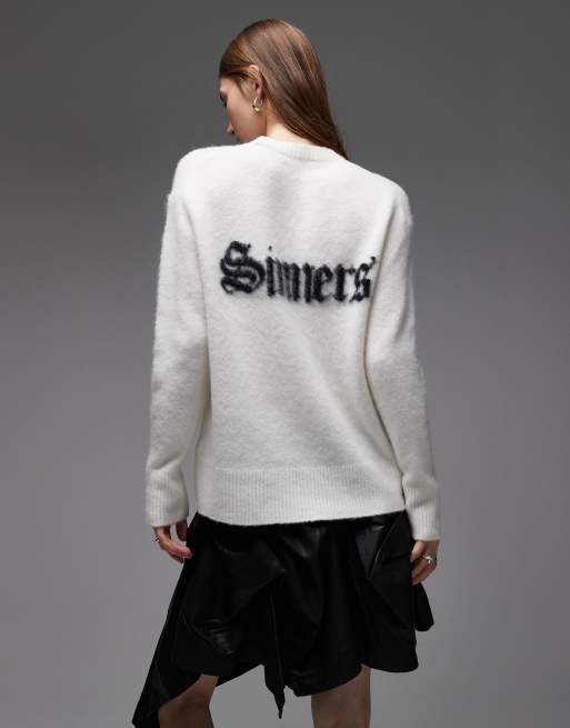 AllSaints – Pullover in Weiß mit Rundhalsausschnitt und „Saints“-Print, 2 von 4