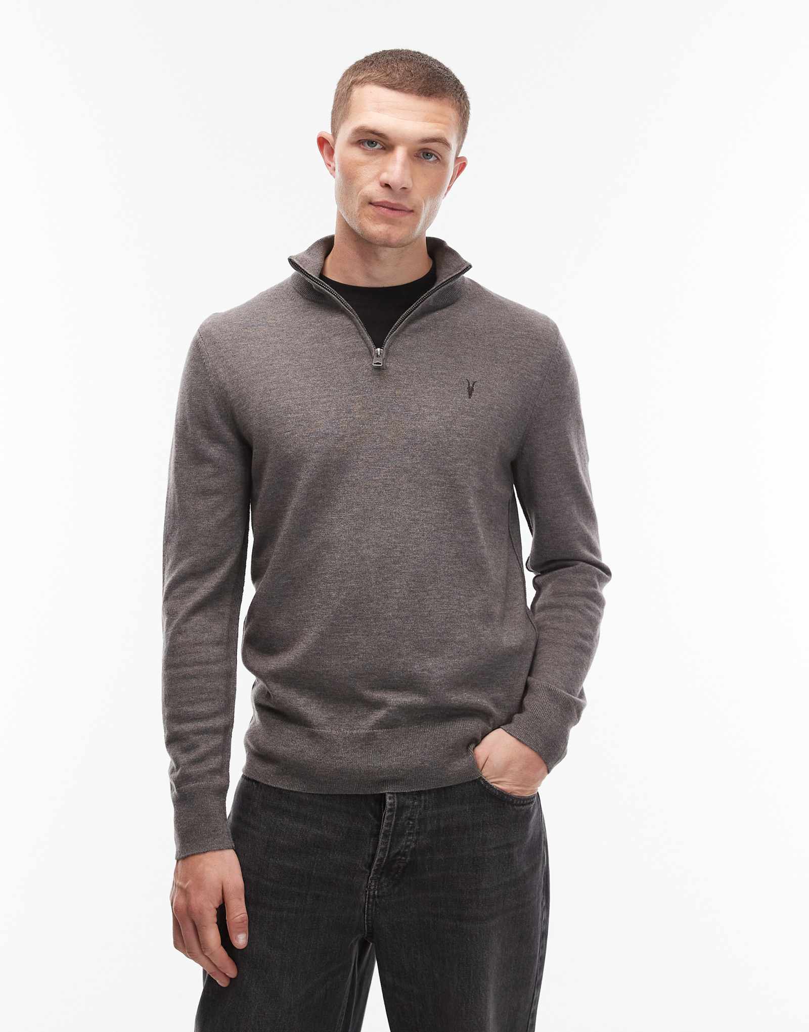 Вязаный свитер на молнии Allsaints серого цвета