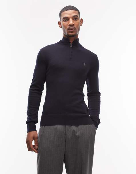 Allsaints quarter zip knitted jumper in navy - view 1