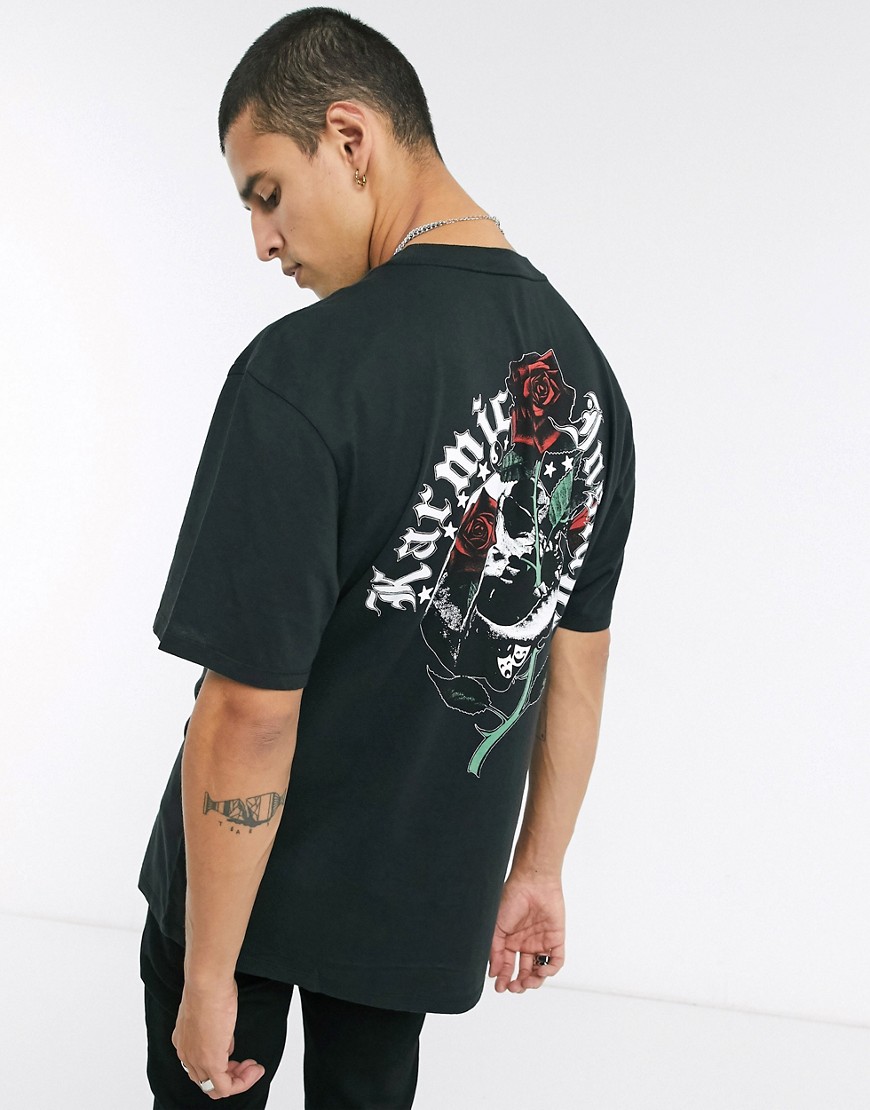 Allsaints Quickness Instant Karma T-shirt With Rose And Skull Back Print In Black