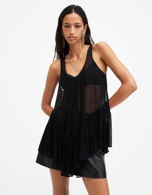 AllSaints Rach semi sheer ruffle top in black