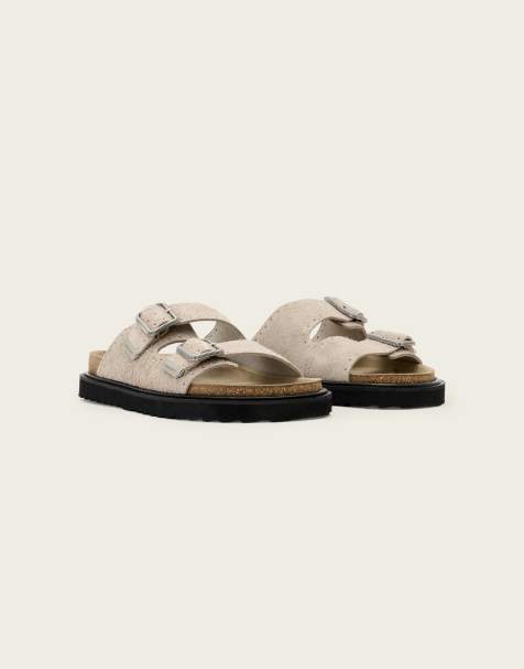 AllSaints Randal double strap buckle fuzzy suede sandals in grey - view 1