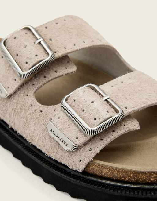 AllSaints Randal double strap buckle fuzzy suede sandals in grey, 4 of 4