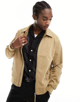 AllSaints Randall harrington leopard lining zip up jacket in beige