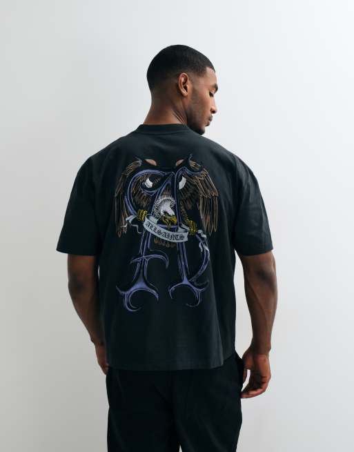 AllSaints Raptour short sleeve graphic logo t-shirt with back print in washed black, 3 of 5