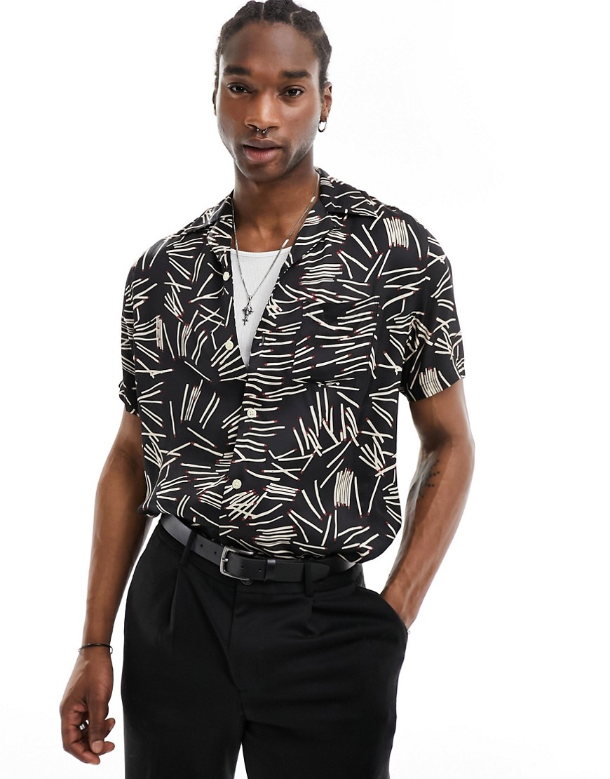 AllSaints Rattle short sleeve matchstick print shirt in black