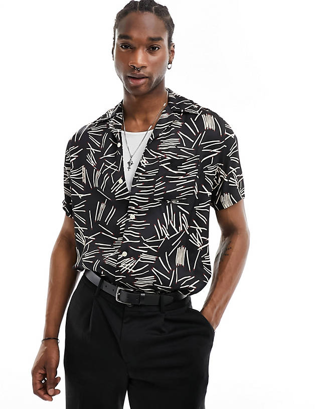 AllSaints - rattle short sleeve matchstick print shirt in black