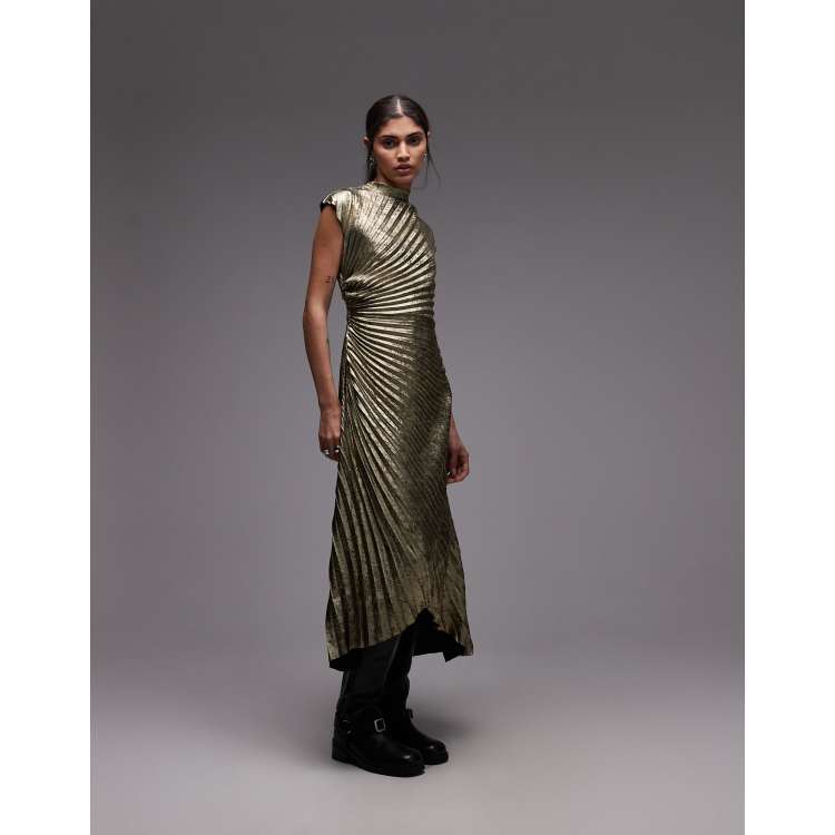 Allsaints rayanna pleated maxi dress in gold | ASOS