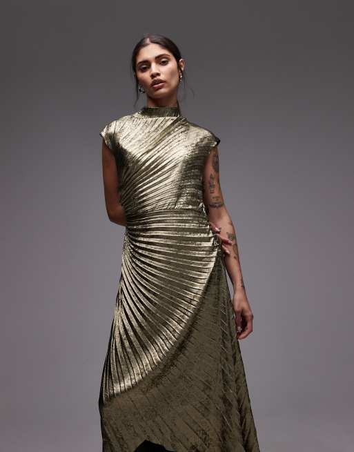 AllSaints – Rayanna – Plissiertes Maxikleid in Gold, 3 von 4