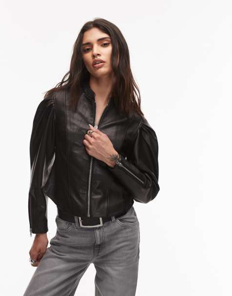 AllSaints – Rayna – Svart och silverfärgad bikerjackor i lammskinn - view 1