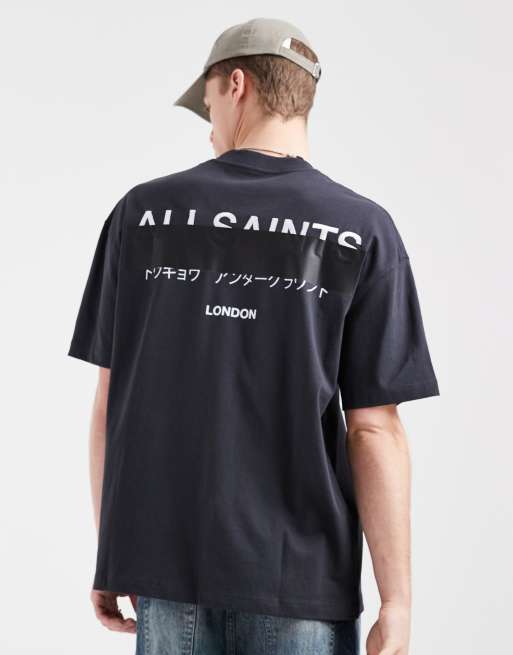 AllSaints – Redact – Czarny T-shirt oversize z haftowanym logo i efektem sprania, 4 z 5