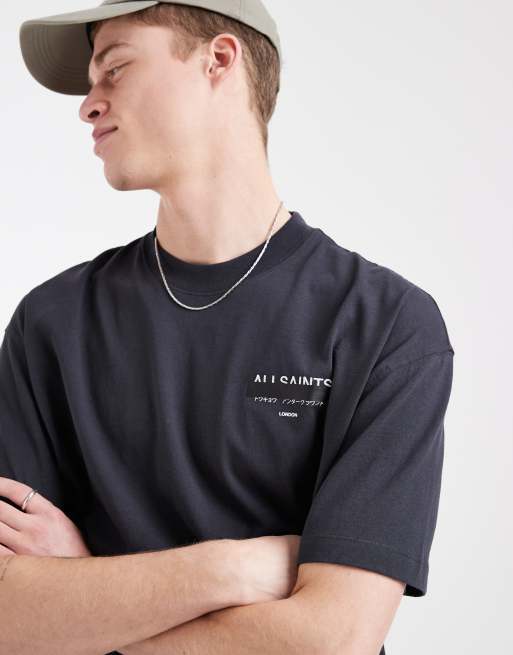 AllSaints – Redact – Czarny T-shirt oversize z haftowanym logo i efektem sprania, 5 z 5
