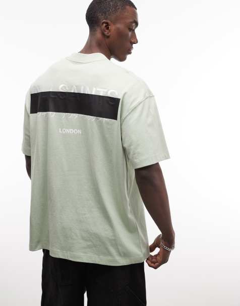 AllSaints – Redact – Ljusgrön t-shirt i oversized fit med broderad logga och tryck baktill - view 1