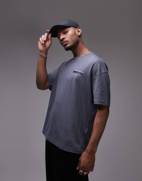 AllSaints Redact oversized embroidered logo t-shirt in pitched blue