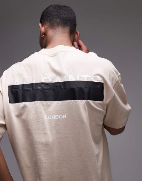 AllSaints Redact oversized embroidered logo t-shirt in dusty light brown - BROWN - view 1