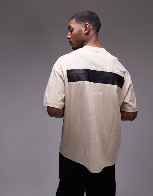 AllSaints Redact oversized embroidered logo t-shirt in dusty light brown