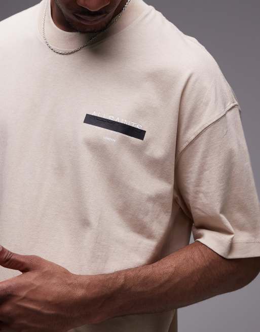 AllSaints Redact oversized embroidered logo t-shirt in dusty light brown